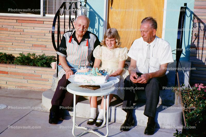 Girl, Carolee, Father, Grandfather, Cake, Table, Steps, June 1963, 1960s