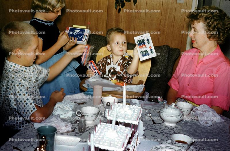 Boy, Present, Cake, Candles, Mom, Son, October 1961, 1960s