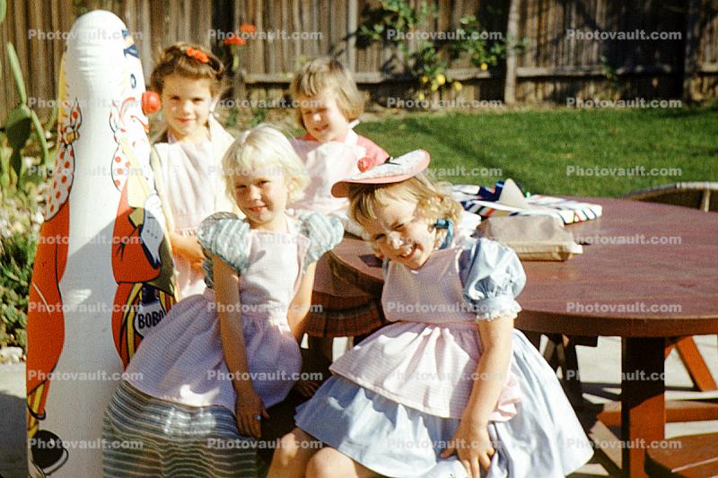 Girls, Smiles, Hat, Dress, Backyard, May 1959, 1950s