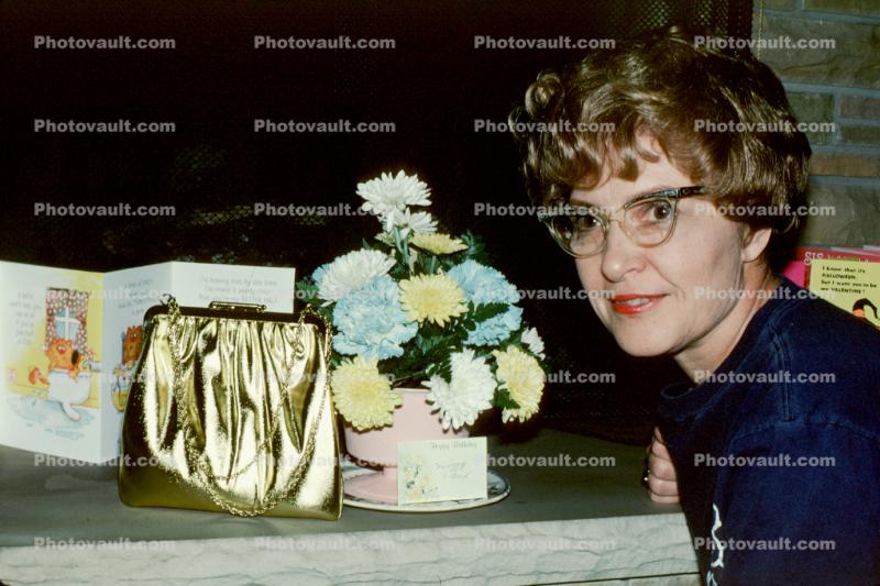 Woman, Glasses, Flowers, Purse, Cateye Glasses, November 1977, 1970s