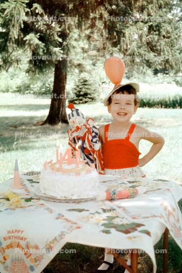 Birthday Girl with Cake, Backyard, balloon, clown doll, 1950s
