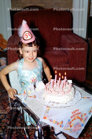 5 year old Birthday Girl with Cake, Hat, Candles, 1950s
