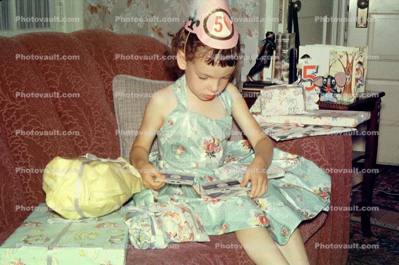5 year old Birthday Girl with Presents, Hat, Sofa, 1950s