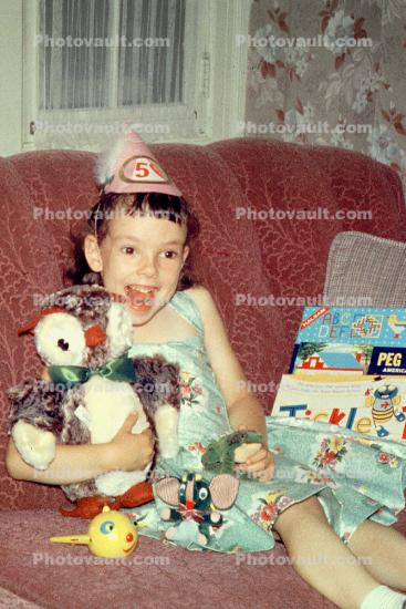 Birthday Girl with Presents, Hat, Sofa, Owl, 1950s