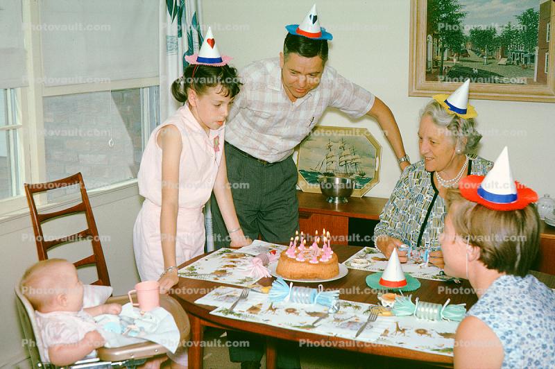 Birthday Girl, Hats, Cake, Table, Baby, Toddler, Grandma, Grandmother, August 1964, 1960s