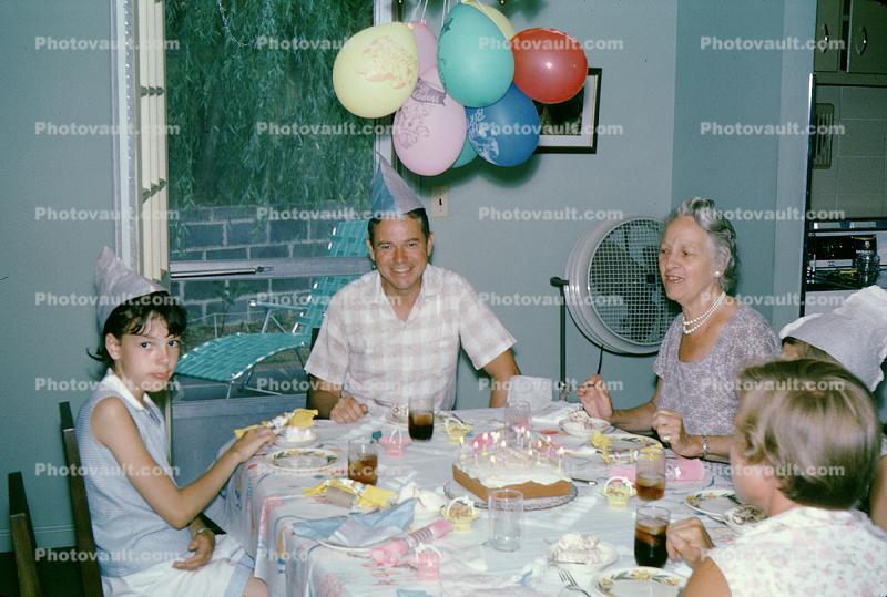 Cake, Balloons, Girl, Father, August 1975, 1970s