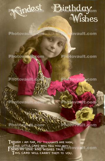 Kindest Birthday Wishes, greeting card, Girl sitting with flowers, hat, RPPC, 1910