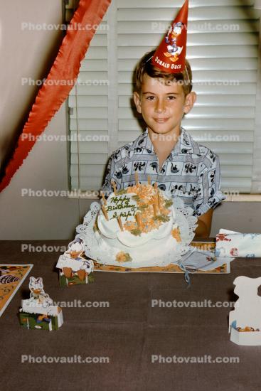 Happy Birthday Skip, Ten Years Old, Donald Duck Cap, smiles, boy, Cake, 1950s