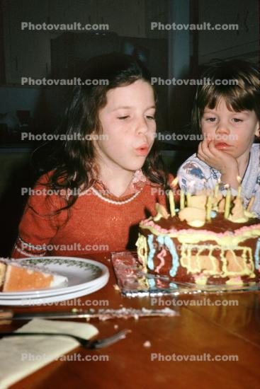 Girl Blows Out Birthday Candles, Cake, boy, 1960s