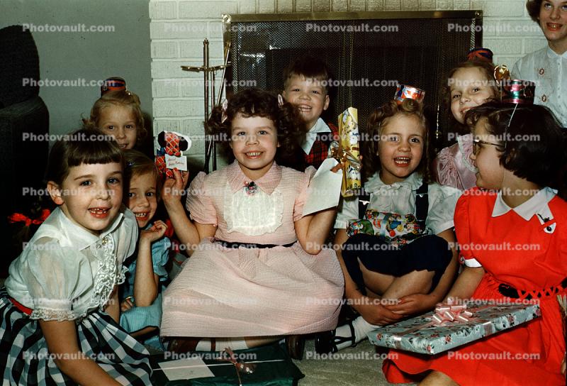 Girls Singing Happy Birthday, presents, formal dress, 1950s