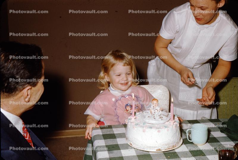 Two Year Old Girl, Birthday Cake, Candles, 1950s
