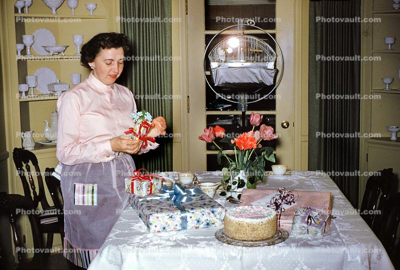 Woman with Birthday Cake, Presents, 1940s