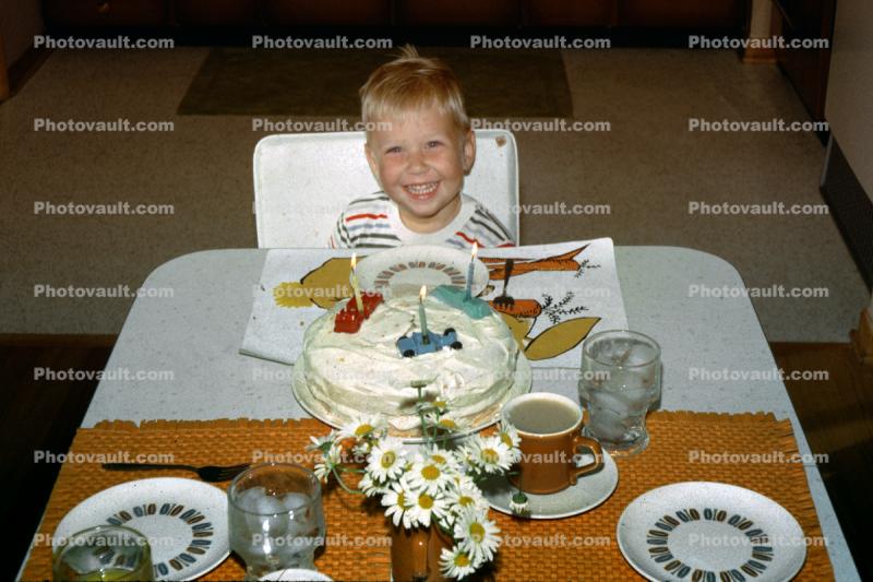 Birthday Boy Smiles, Cake, table, 1960s