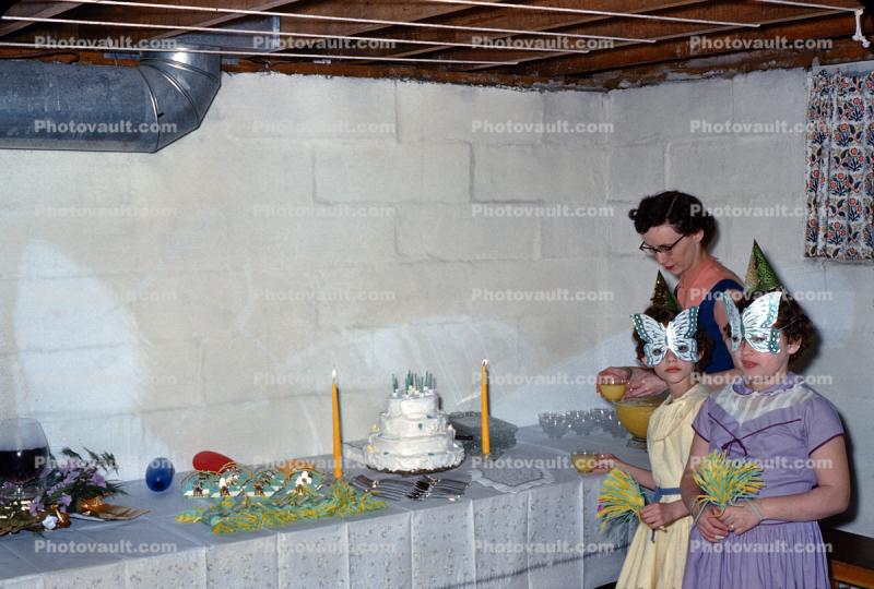 BD Party in the Basement, Girls, Cake, Decorations, Masks, 1950s