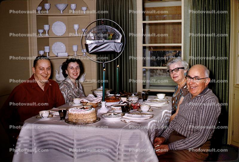 Grandpa, Grandma, Couples, smiles, happy, Bird Cage, 1950s