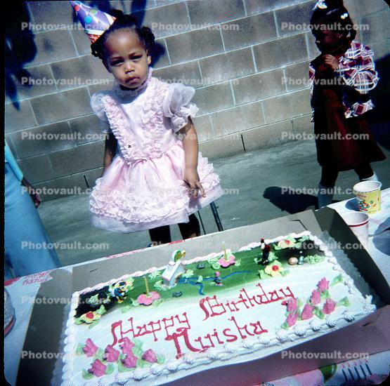 Happy Birthday Nuisha Cake, Little Girl, Pink Dress, 1960s