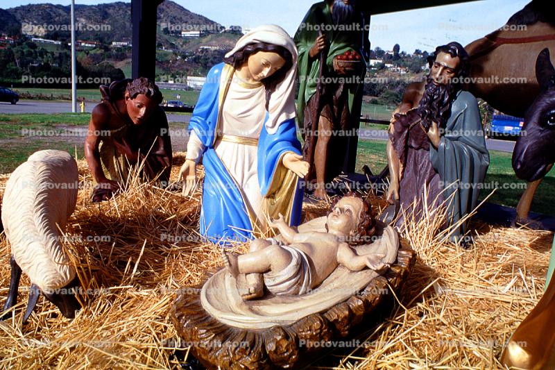 Nativity Scene, manger, Baby Jesus, crib, lamb, Mother Mary, sheep, hay, Three Wisemen