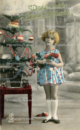 Girl, socks, dress, small tree, 1910's, RPPC