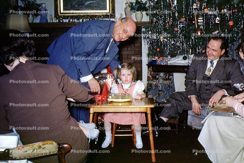 Girl, Men, Presents, Decorations, Ornaments, Christmas Tree decorated, 1950s