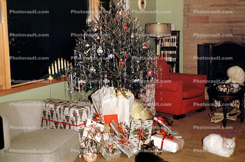 Presents, Decorations, Ornaments, Tree, tinsel, white cat, chair, Menorah, 1950s
