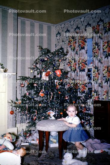 girl, toddler, tinsel, wallpaper, Presents, Decorations, Ornaments, Tree, 1940s
