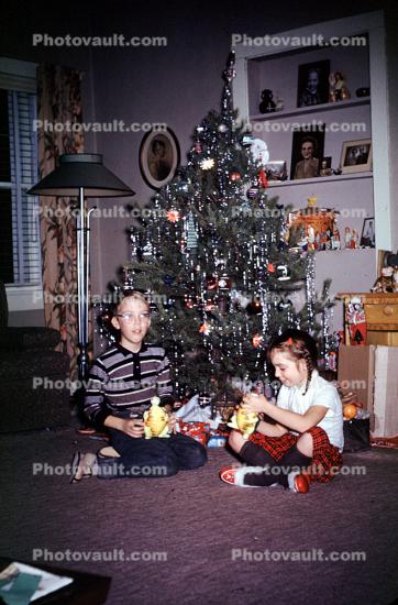 Boy, Girl, unrwapping Presents, Decorations, Ornaments, Tree, 1940s