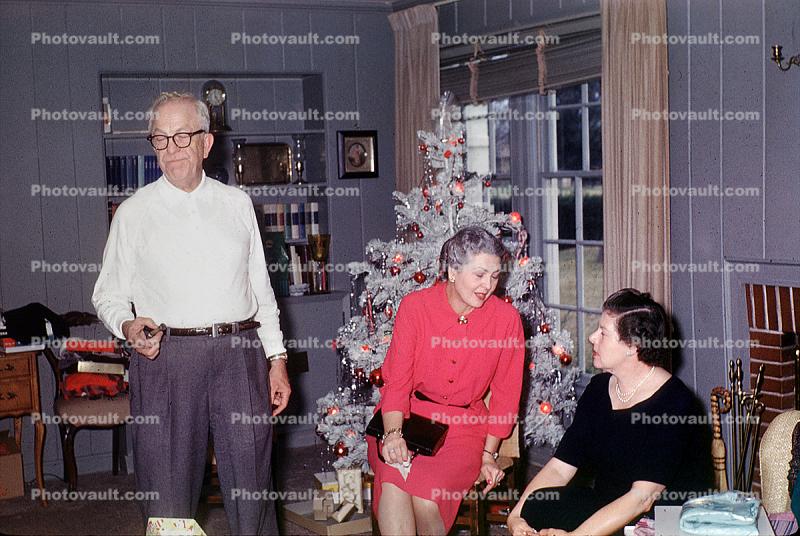 Man, Woman, Presents, Decorations, Ornaments, Tree, Christmas Tree decorated, 1940s