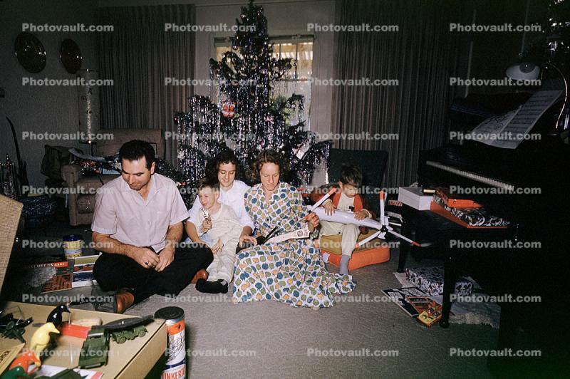 Christmas Morning, boy, man, woman, daughter, son, girl, piano, Presents, Decorations, Ornaments, Tree, 1960s