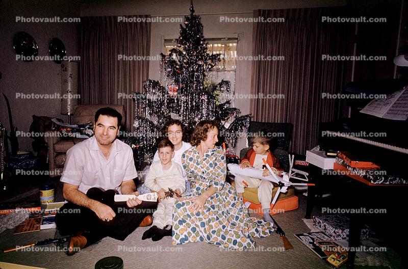 Christmas Morning, boy, man, woman, daughter, son, girl, piano, Presents, Decorations, Ornaments, Tree, 1960s