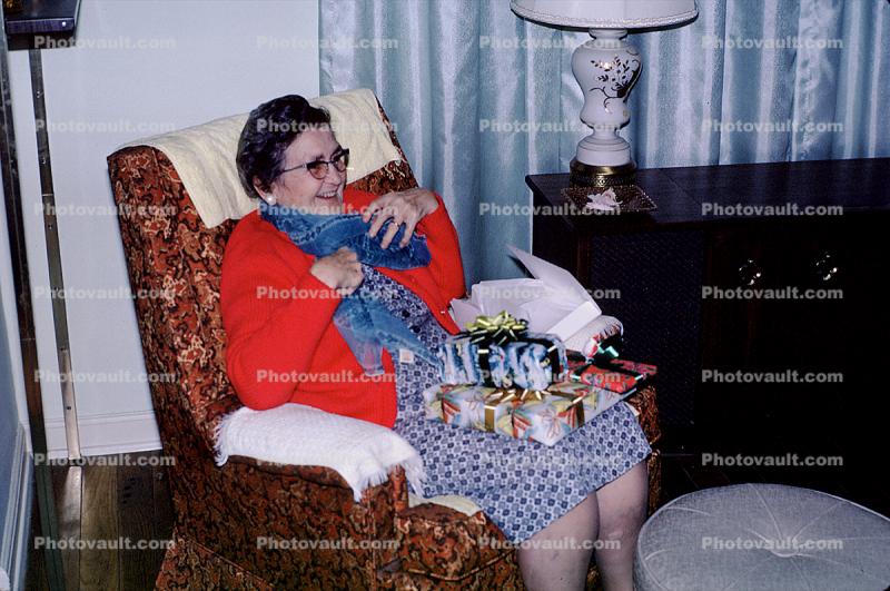 Grandma, Presents, Smiles, chair, lamp,  1960s, 1960s