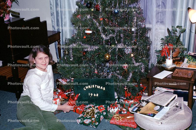 girl, smiles, tree, Presents, Decorations, Ornaments, Christmas Tree decorated, 1968, 1960s