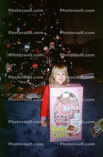 Girl, present, smiles, Baby Talk, Decorations, Ornaments, Tree, Christmas Tree decorated, Christmas Morning, 1960s
