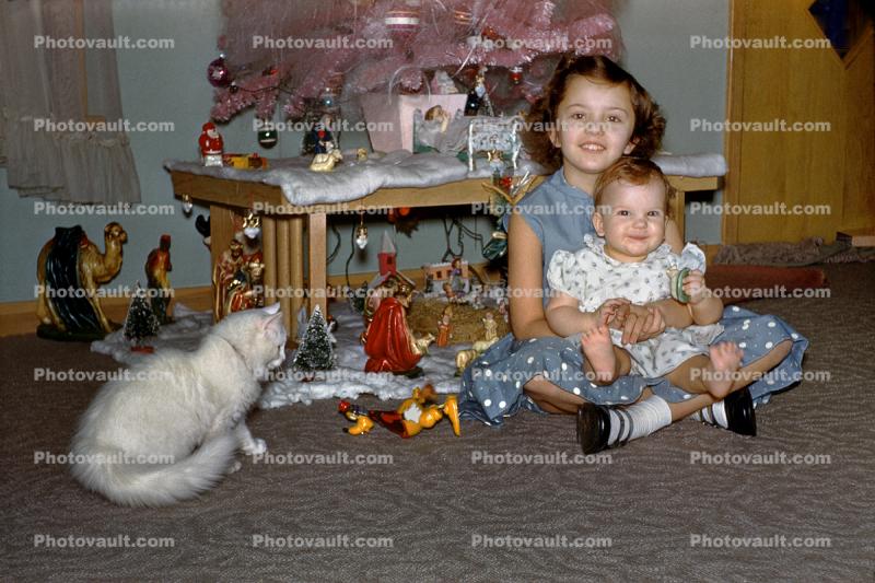 Girl, Sisters, White Cat, Baby, toddler, Manger Scene, 1950s