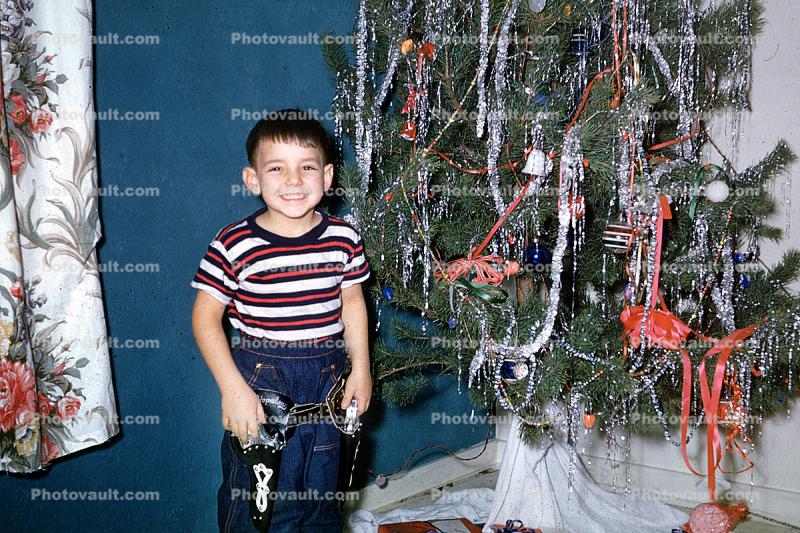 boy, cowboy, smiles, tree, tinsel, Decorations, Ornaments, Christmas Tree decorated, 1950s