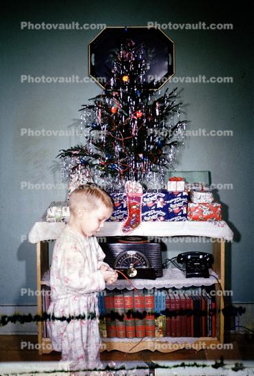 Small Tree, Presents, Radio, boy, pajama, Telephone, 1950s