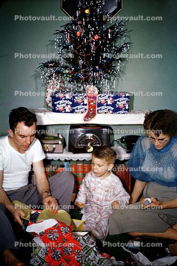 Toys, Mom, Dad, Son, Presents, Decorations, Ornaments, Small Tree, Radio, boy, pajama, Telephone, 1950s