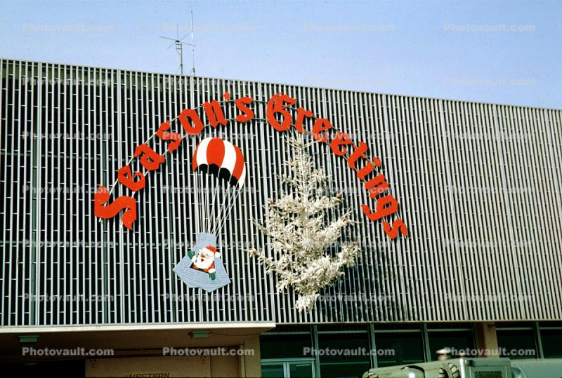 Seasons Greetings, Tree, Parachute, Santa Claus, Shopping Center, Mercury Space Capsule, 1960s