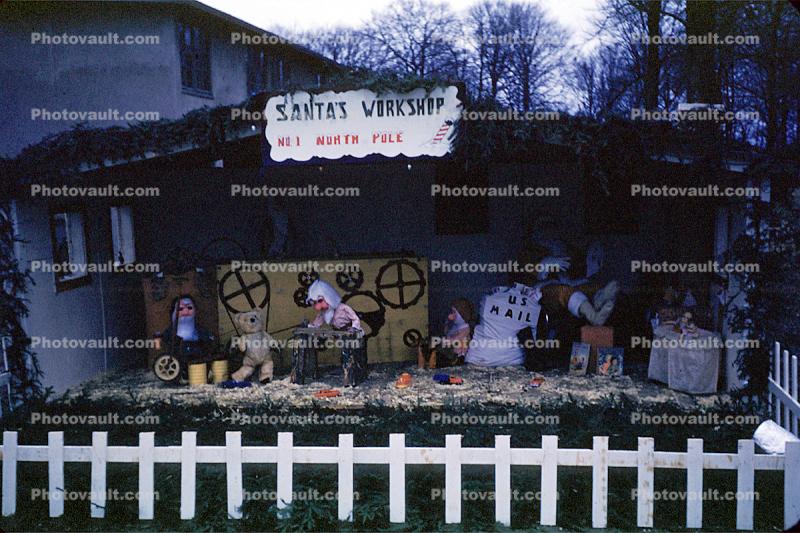 Santa's Workshop, storybook scene, picket fence, 1950s