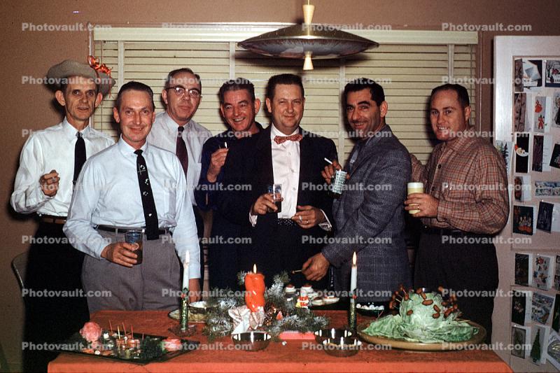 men, food, smiles, smokers, cigarettes, beer can, candles, Tulsa, 1950s
