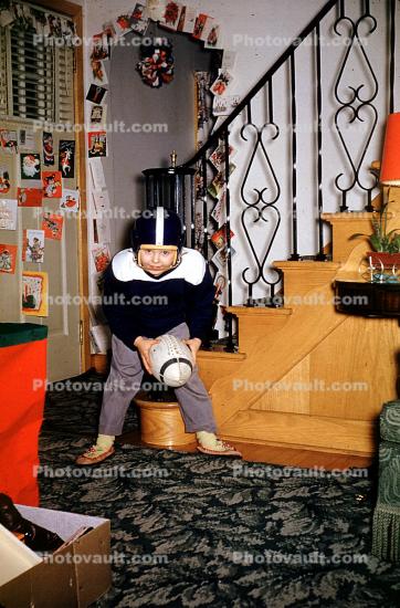cards, stairs, boy, football player, 1950s