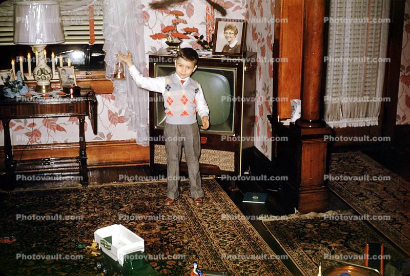 vest, candles, boy, television, carpet, 1950s