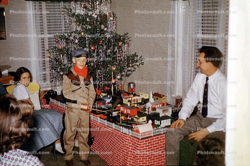 tiny tree, girl, boy, oiler, toy train, oilcan, village, Presents, Decorations, Ornaments, 1950s