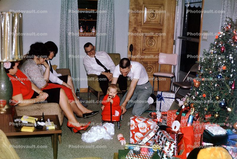 Tree, infant, dad, mom, Presents, Decorations, Ornaments, 1950s, 1940s