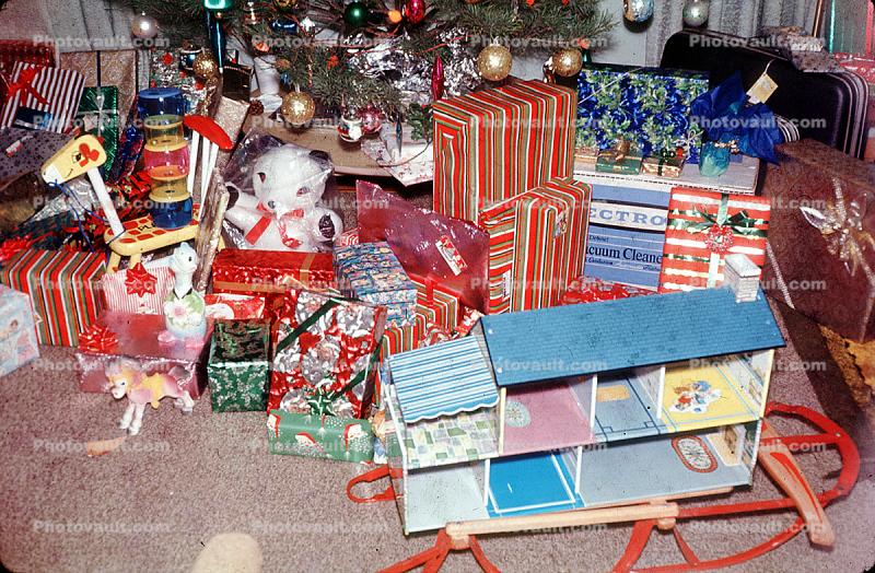 presents, sled, doll house, 1960s