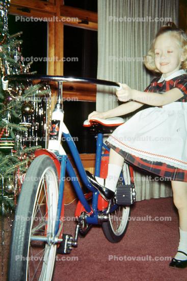 Smiling Girl, New Bicycle, dress, apron, 1950s