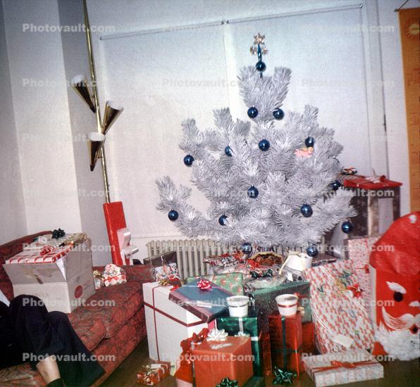 ribbons, flocked Tree, Decorations, Ornaments, Presents, metal tree, 1970s