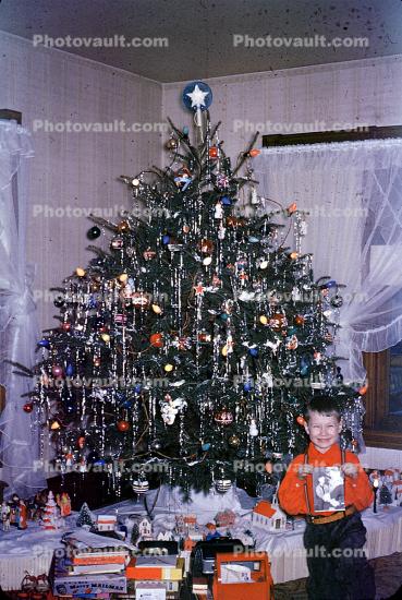 boy, tree, presents, Decorations, Ornaments, 1960s