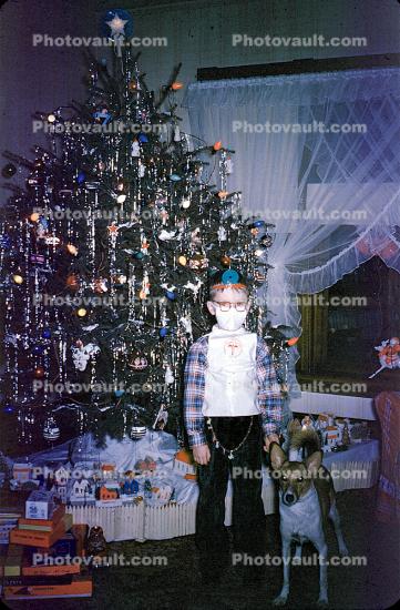 Boy Doctor, dog, drapes, curtains, tree, presents, Decorations, Ornaments, 1940s