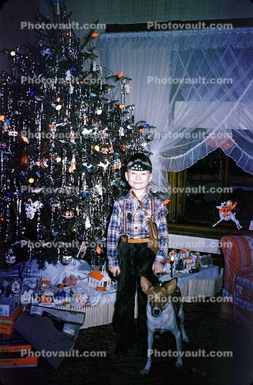 Boy, dog, drapes, curtains, tree, presents, Decorations, Ornaments, 1940s
