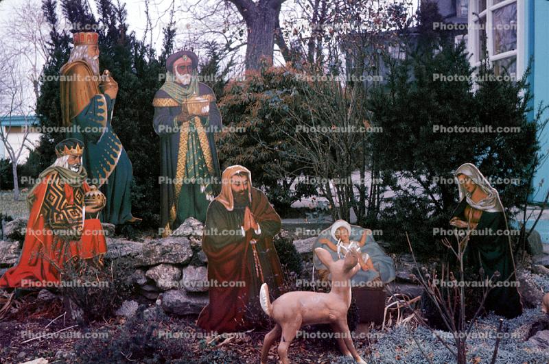 Nativity Scene, lamb, baby jesus, mother mary, joseph, wisemen, 1950s